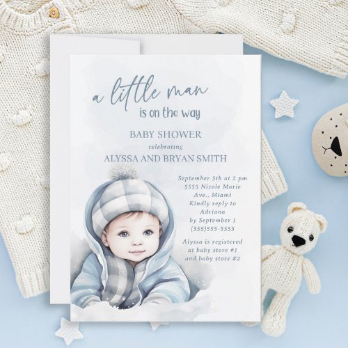 Cute Little Man on Way Boy Baby Shower Invitation