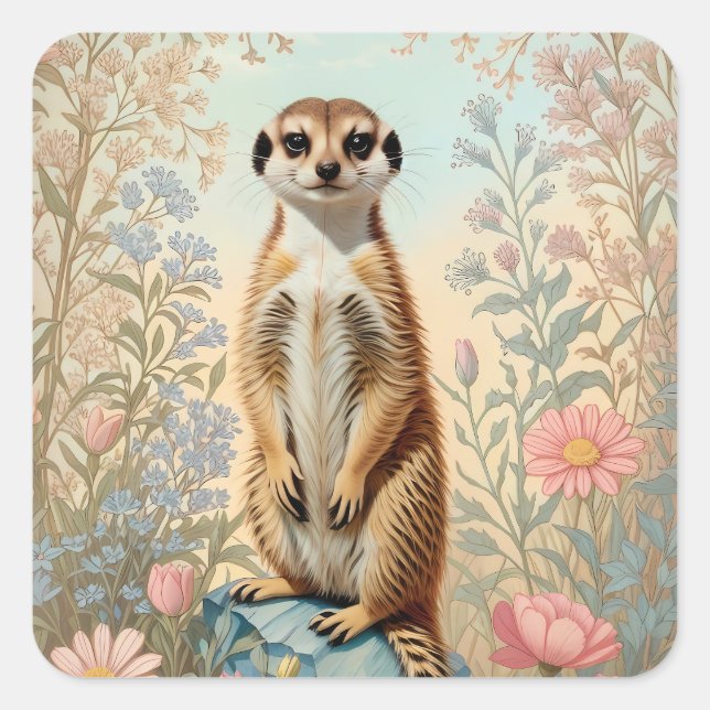 Cute Little Meerkat Pastel Floral Square Sticker (Front)