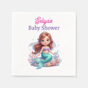 Cute Little Mermaid Baby Shower Water Bottle Label Napkins