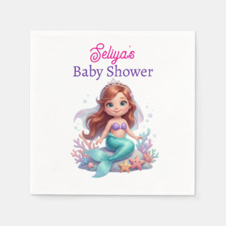 Cute Little Mermaid Baby Shower Water Bottle Label Napkins