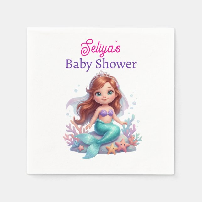 Cute Little Mermaid Baby Shower Water Bottle Label Napkins (Front)