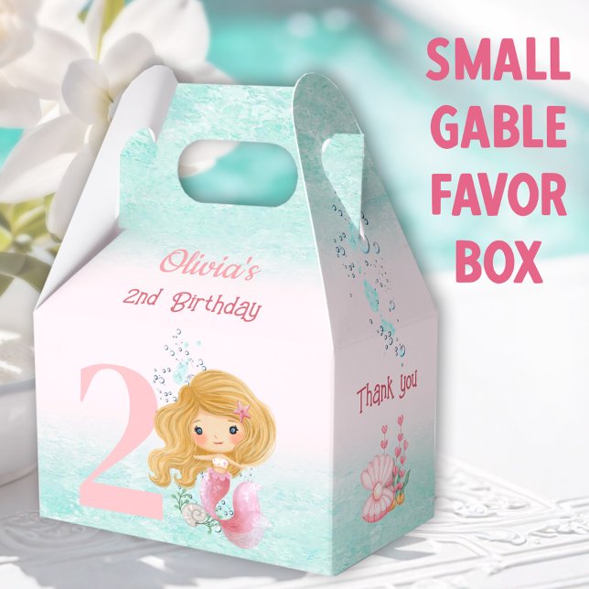 Cute Little Mermaid Blond Hair Birthday Pink Favor Boxes (Blonde Mermaid Small Gable Favor Boxes  -  You can choose from 3 sizes of these gable favor boxes)