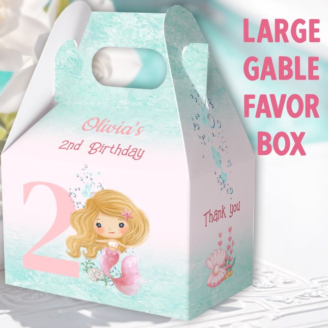 Cute Little Mermaid Blond Hair Pink Large Gable Favor Boxes (Blonde Mermaid Large Gable Favor Boxes - You can choose from 3 sizes of these gable favor boxes)