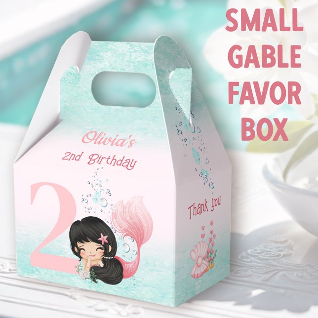 Cute Little Mermaid Dark Hair Pink Small Gable Favor Boxes (Mermaid Small Gable Favor Boxes - You can choose from 3 sizes of these gable favor boxes)