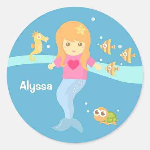 Cute Little Mermaid Girl Under the Sea Classic Round Sticker