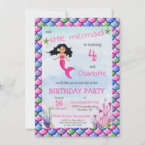 Cute Little Mermaid Pink Dressup Birthday Party Invitation