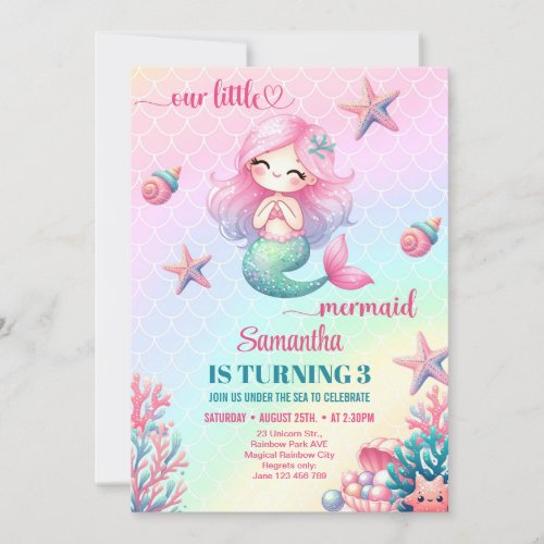 Cute little mermaid pink purple 3th Birthday Invitation