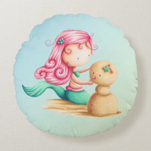 Cute little mermaid playing with sand round pillow