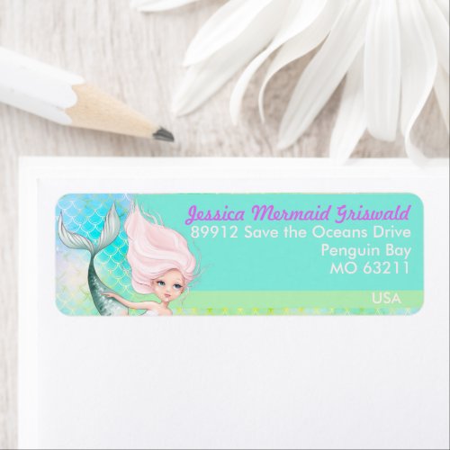 Cute little mermaid scales faux iridescent shells  label