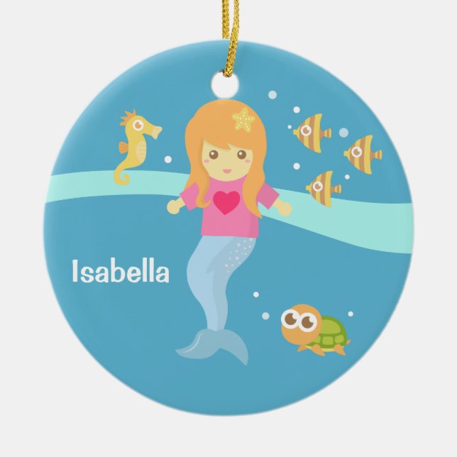 Cute Little Mermaid Sea Creatures Girls Room Ceramic Ornament (Front)