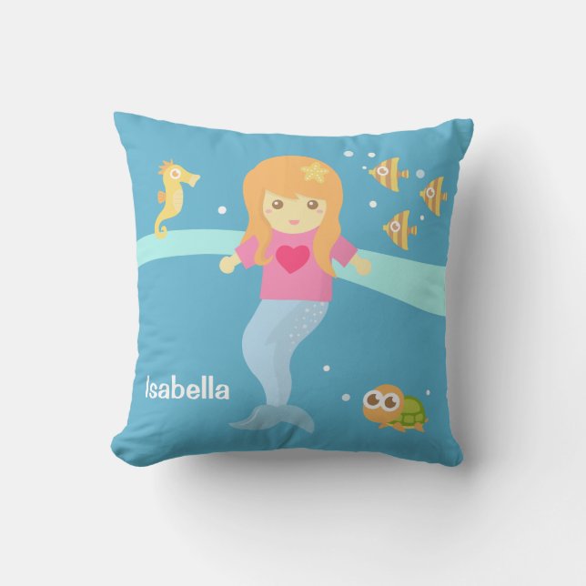 Cute Little Mermaid Sea Creatures Girls Room Throw Pillow (Front)