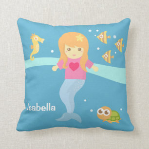 Cute Little Mermaid Sea Creatures Girls Room Throw Pillow