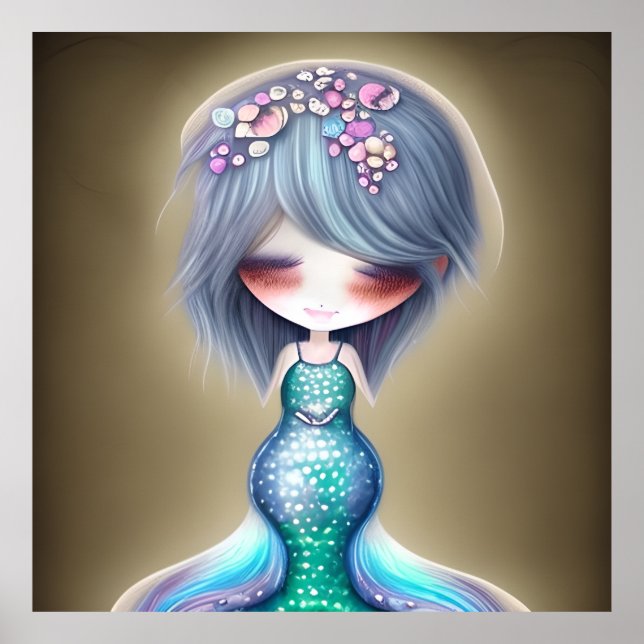 Cute Little Mermaid teal flowers face gift  Poster (Front)