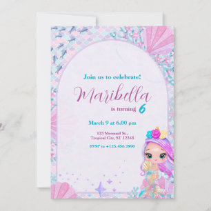 Cute Little Mermaid Under The Sea Birthday Party Invitation