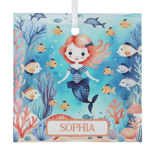 Cute Little Mermaid Under The Sea Personalized Glass Ornament