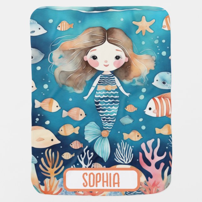 Cute Little Mermaid Under The Sea with Coral Fish Baby Blanket (Front)