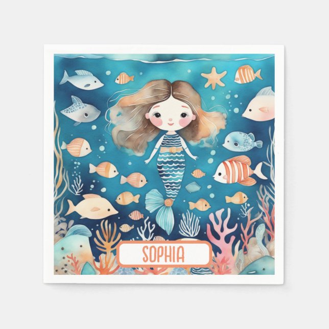 Cute Little Mermaid Under The Sea with Coral Fish Napkins (Front)