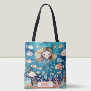 Cute Little Mermaid Under The Sea with Coral Fish Tote Bag