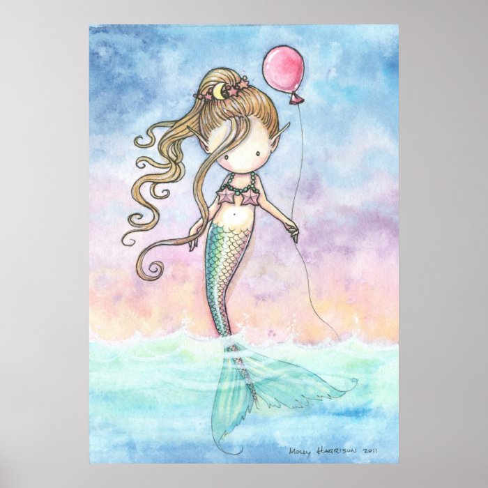 Cute Little Mermaid With Balloon Poster