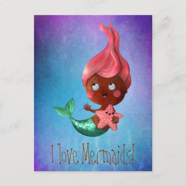 Cute Little Mermaid with Pink Hair Postcard (Front)