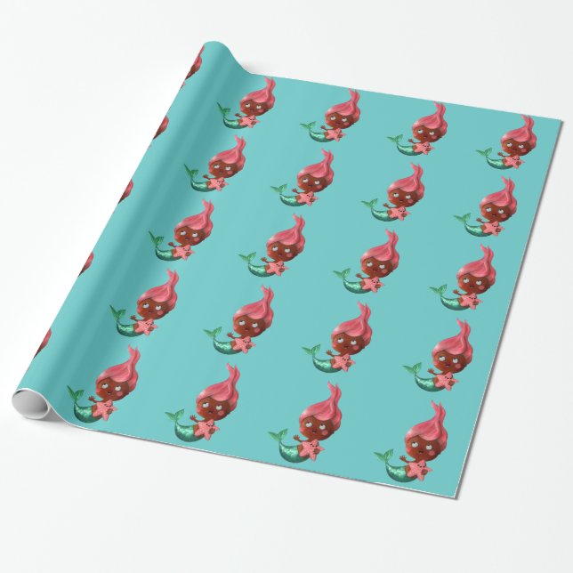 Cute Little Mermaid with Pink Hair Wrapping Paper (Unrolled)