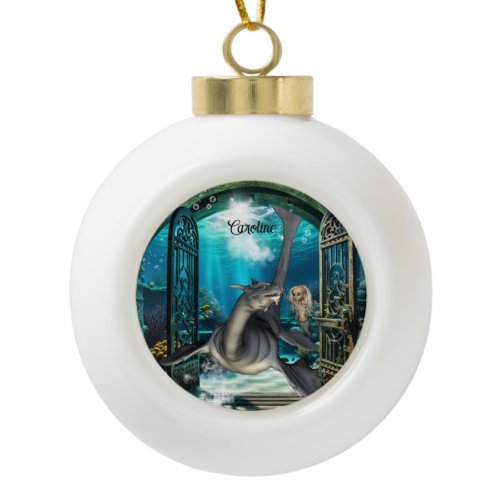 Cute little mermaid with seadragon. ceramic ball christmas ornament