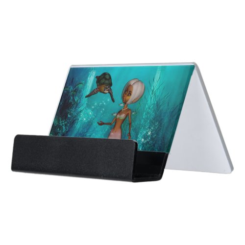 Cute little mermaid with turtle desk business card holder