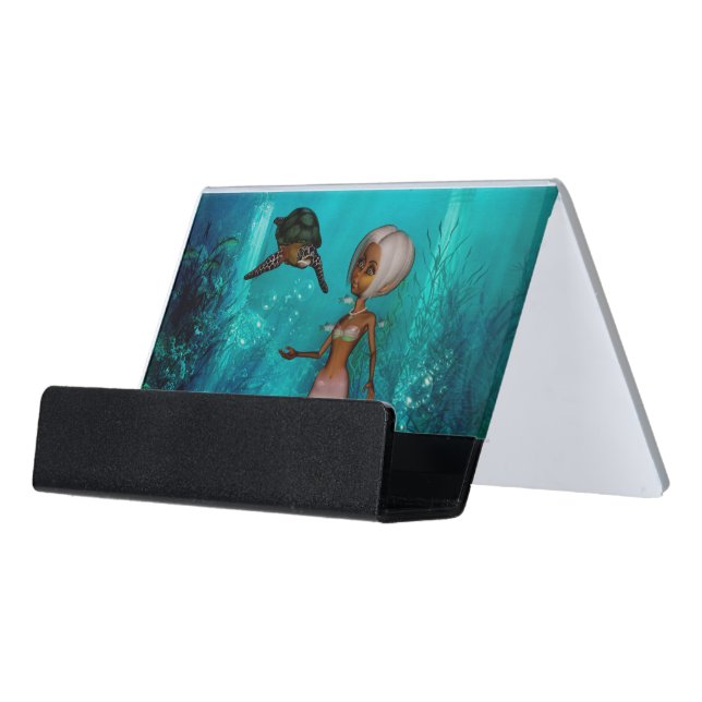Cute little mermaid with turtle desk business card holder (Angled Front)