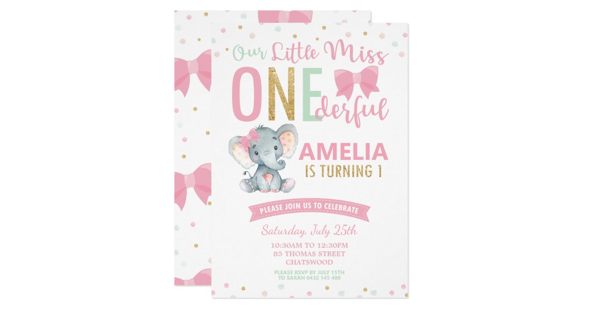 Cute Little Miss Onederful 1st Birthday Elephant Invitation Zazzle