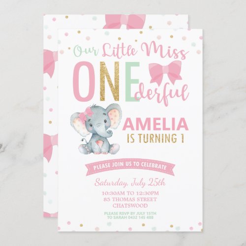 Cute Little Miss ONEderful 1st Birthday Elephant Invitation