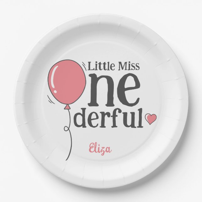 Cute Little Miss Onederful Pink Custom Paper Plates (Front)