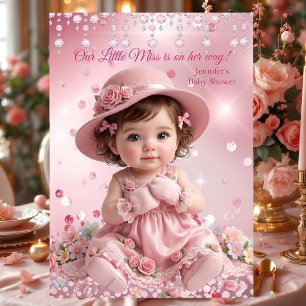 Cute Little Miss Pink Girl Baby Shower brunette Invitation