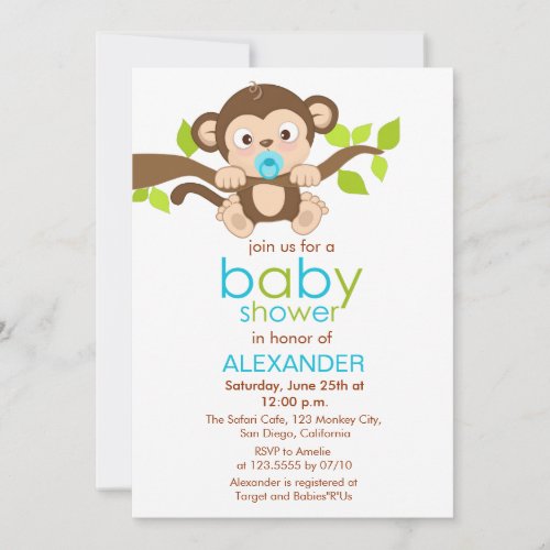 Cute Little Monkey Boy Baby Shower Invitation