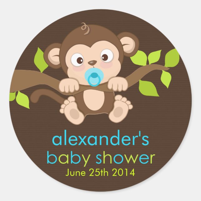 Cute Little Monkey Boy Baby Shower Sticker (Front)