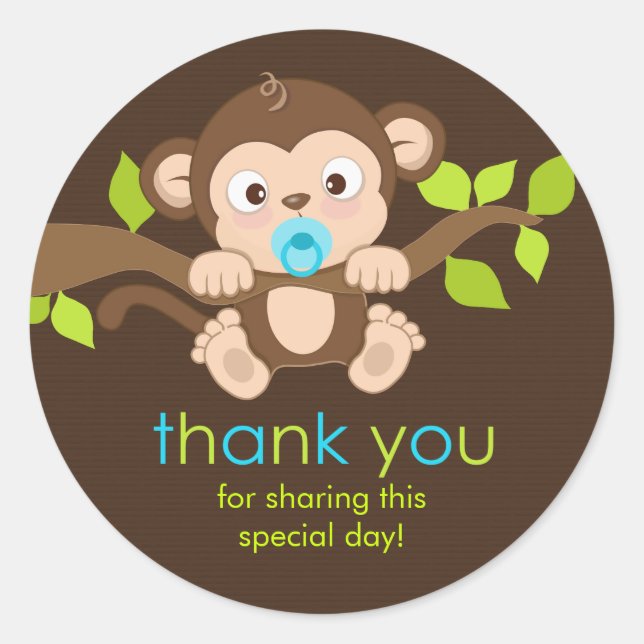 Cute Little Monkey Boy Thank You Sticker (Front)