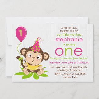 Cute Little Monkey First Birthday Invitation
