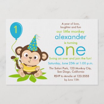 Cute Little Monkey First Birthday Invitation by SpecialOccasionCards at Zazzle