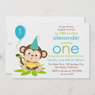 Cute Little Monkey First Birthday Invitation