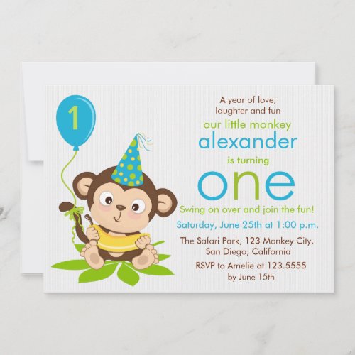 Cute Little Monkey First Birthday Invitation