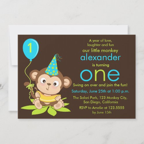 Cute Little Monkey First Birthday Invitation