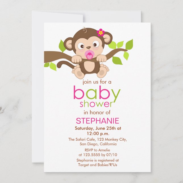 Cute Little Monkey Girl Baby Shower Invitation (Front)