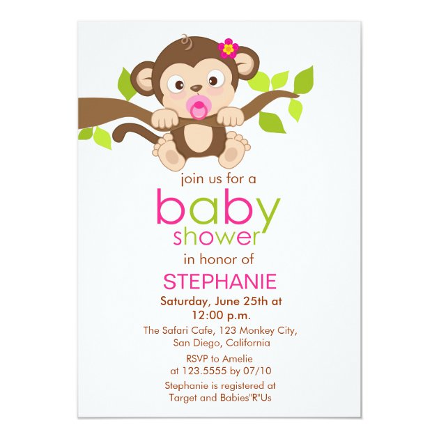 Cute Little Monkey Girl Baby Shower Invitation
