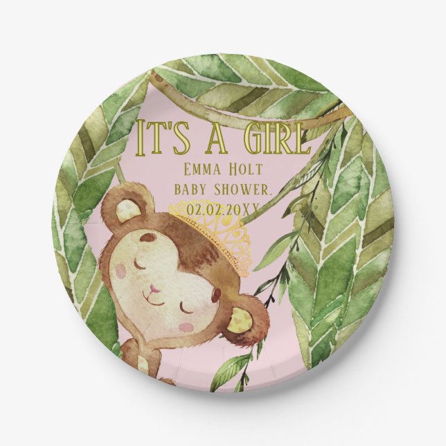 Cute Little Monkey Its A Girl Tropic Pink  Paper Plates (Front)