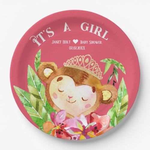 Cute Little Monkey Its A Girl Tropic Pink Paper Plates