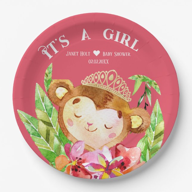 Cute Little Monkey Its A Girl Tropic Pink Paper Plates (Front)