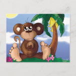 Cute Little Monkey Sitting Next to Banana Tree Postcard