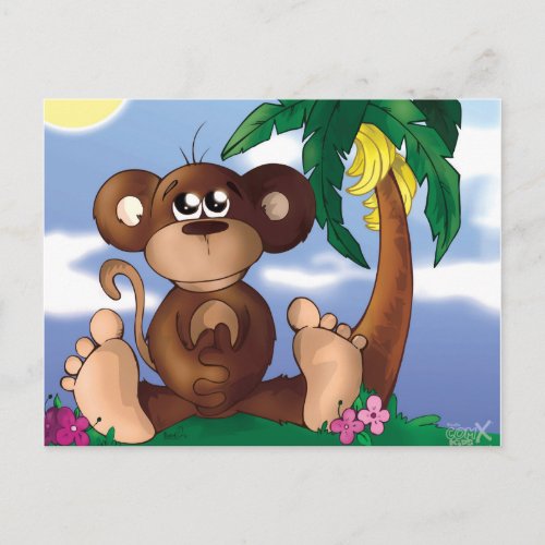 Cute Little Monkey Sitting Next to Banana Tree Postcard