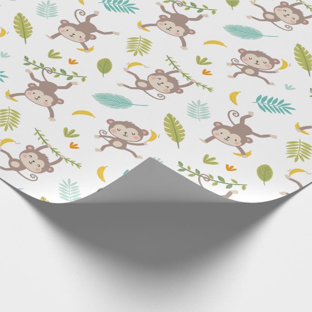 Cute Little Monkeys with bananas & leafs white Wrapping Paper (Corner)