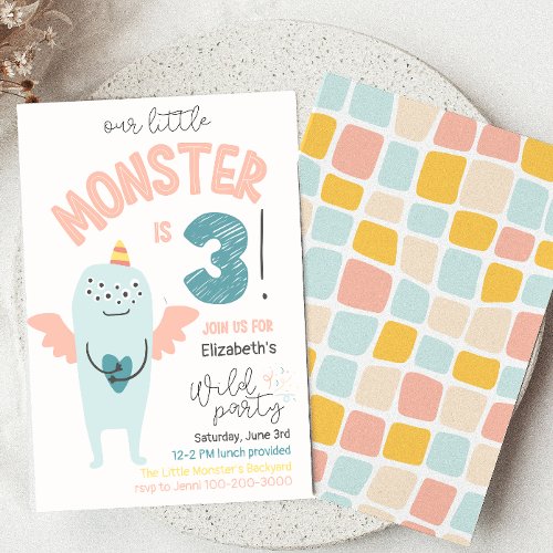 Cute Little Monster 3rd Birthday Invitation