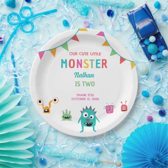 Cute Little Monster Birthday Boy Halloween  Paper Plates (Party)